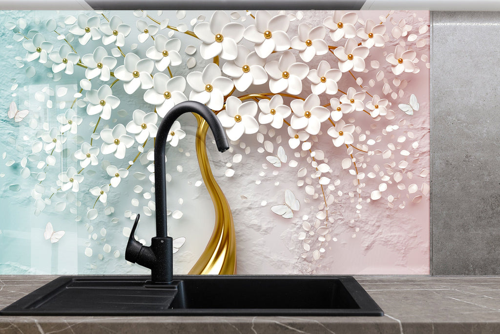 Botanical Floral Tempered Glass Backsplash-BacksplashArtworks