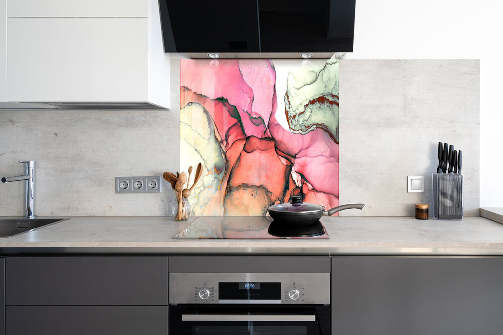Pink & Green Abstract Marble - Glass Kitchen Backsplash-BacksplashArtworks