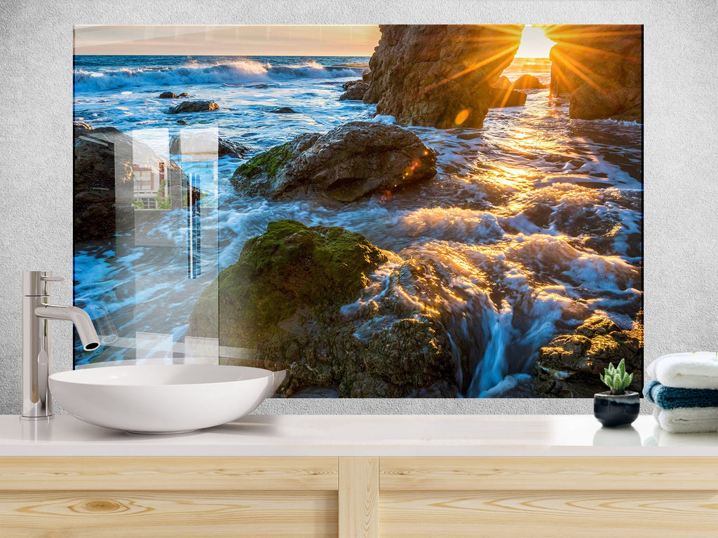 Golden Sunset Waves - Glass Bathroom Backsplash-BacksplashArtworks