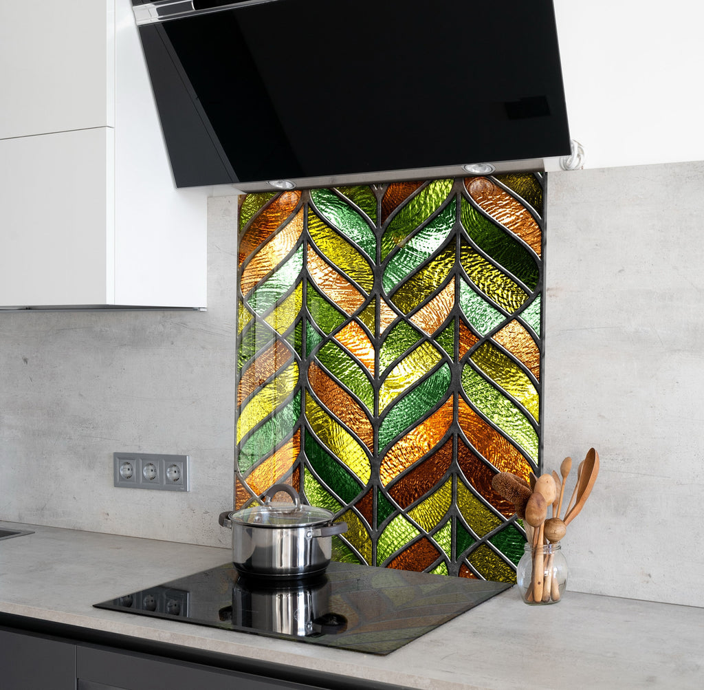 Golden Leafs Stained - Glass Kitchen Backsplash-BacksplashArtworks