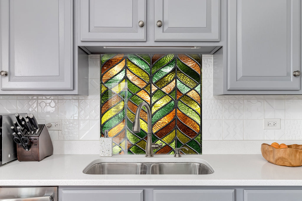 Golden Leafs Stained - Glass Kitchen Backsplash-BacksplashArtworks