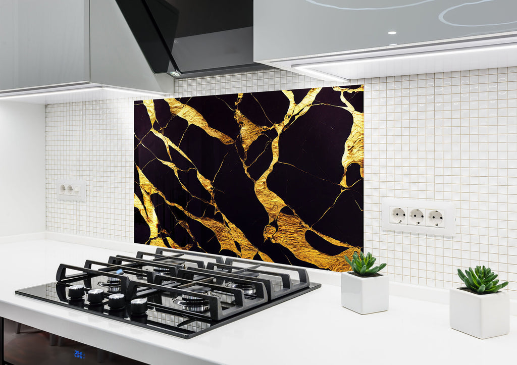 Classic Black and Gold Marble - Glass Kitchen Backsplash-BacksplashArtworks