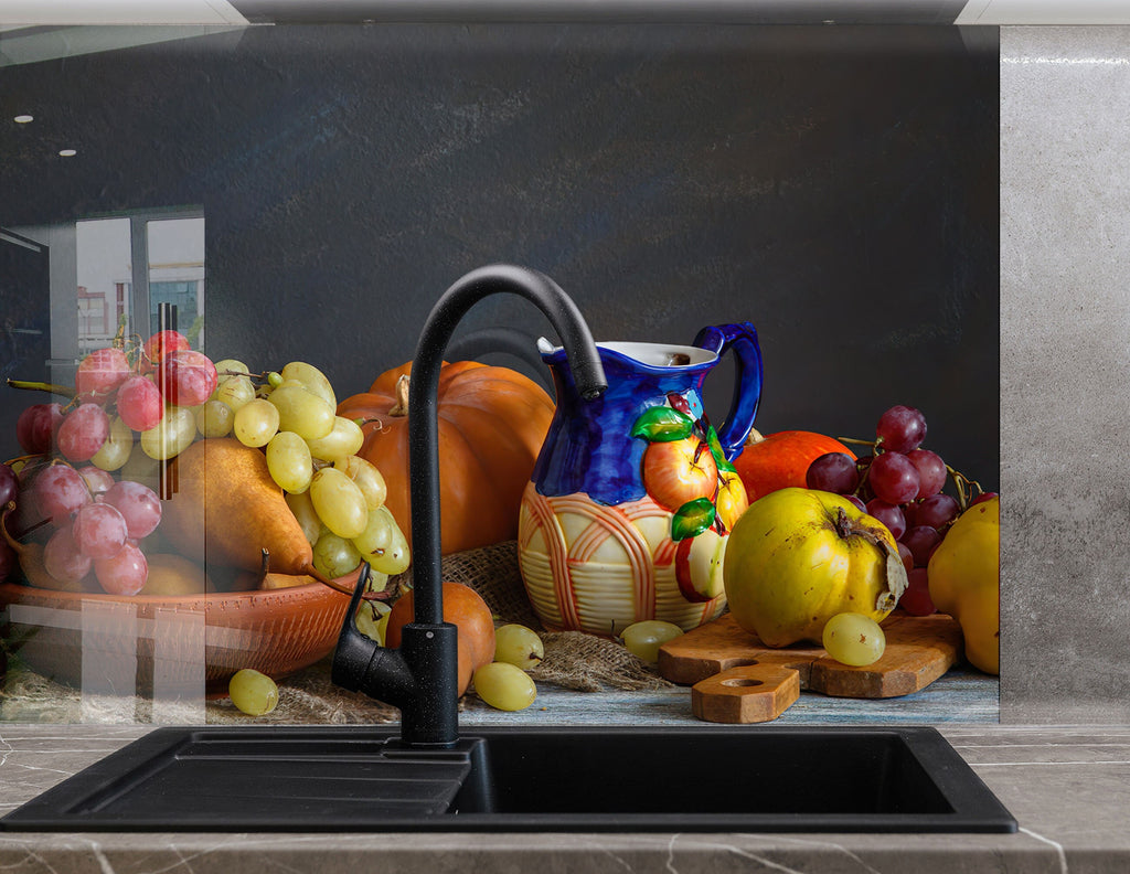 Autumn Harvest Glass Kitchen Backsplash – Vibrant Fruit & Pumpkin Design-BacksplashArtworks