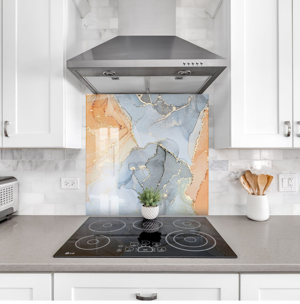Gray & Golden Waves - Glass Kitchen Backsplash-BacksplashArtworks