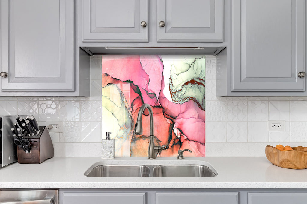 Pink & Green Abstract Marble - Glass Kitchen Backsplash-BacksplashArtworks