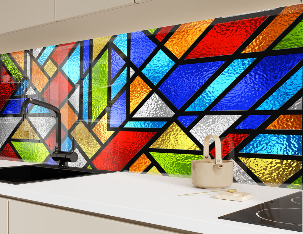 Colorful Modern Geometric Stained - Glass Kitchen Backsplash-BacksplashArtworks
