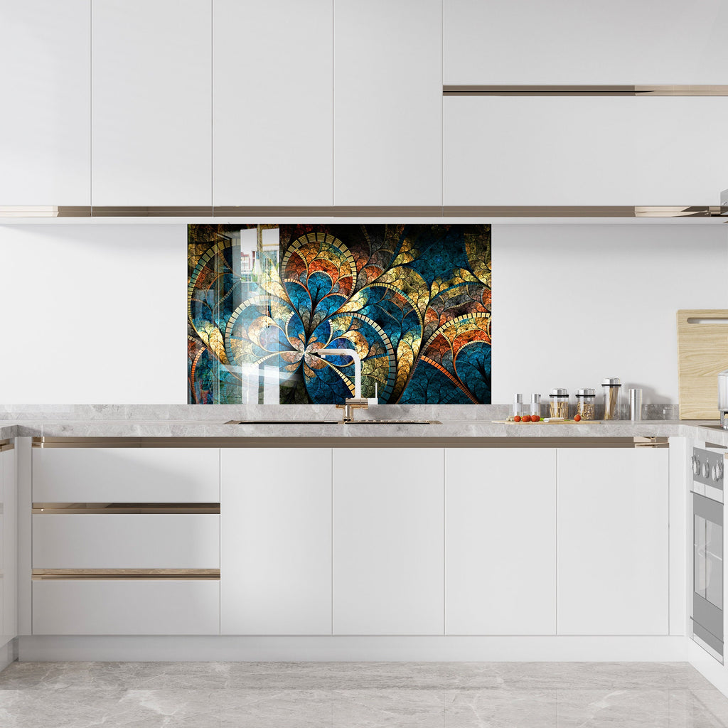 Golden & Blue Stained Glass Floral Design - Glass Kitchen Backsplash-BacksplashArtworks