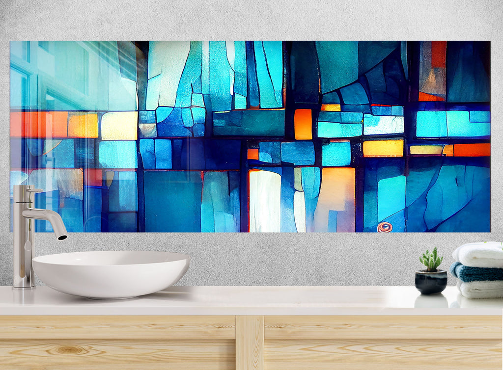 Modern Abstract Blue Stained - Glass Kitchen Backsplash-BacksplashArtworks