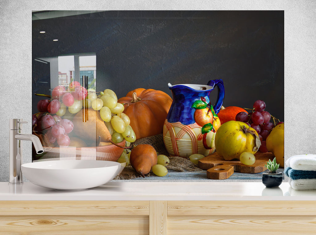 Autumn Harvest Glass Kitchen Backsplash – Vibrant Fruit & Pumpkin Design-BacksplashArtworks