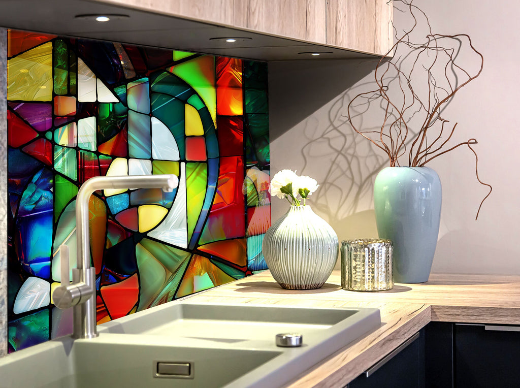 Geometric & Colorful Design - Glass Kitchen Backsplash-BacksplashArtworks