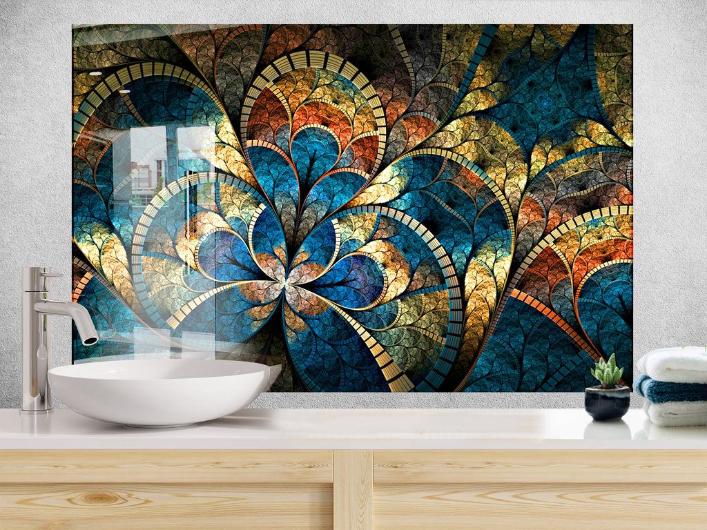 Golden & Blue Stained Glass Floral Design - Glass Kitchen Backsplash-BacksplashArtworks