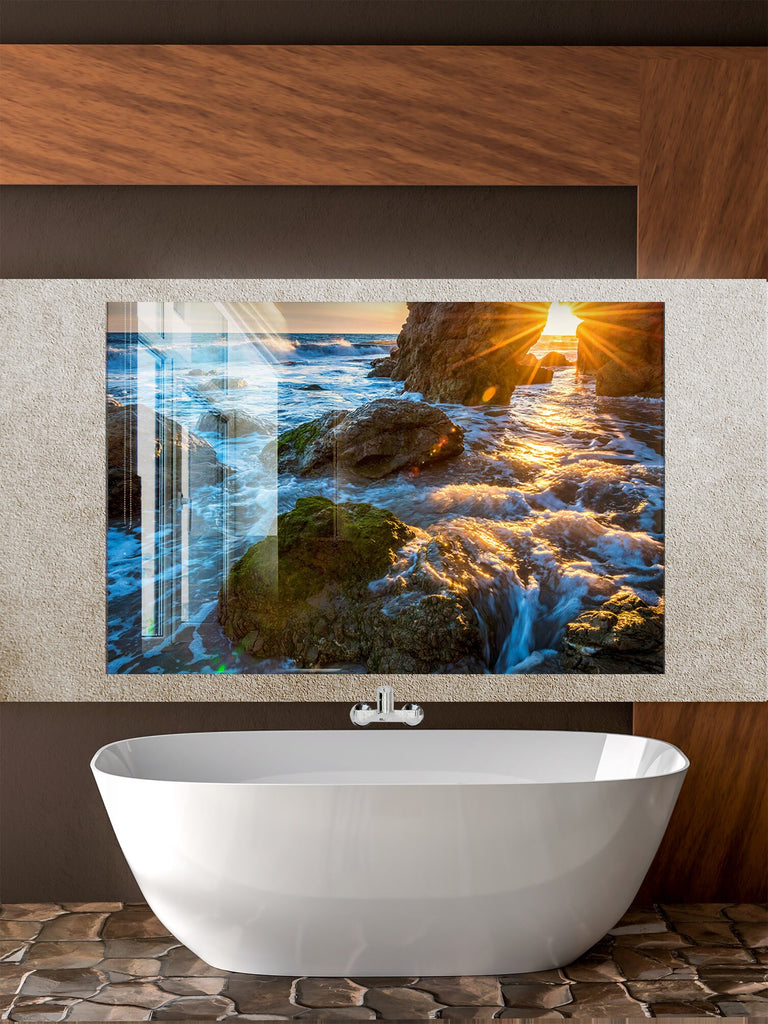 Golden Sunset Waves - Glass Bathroom Backsplash-BacksplashArtworks