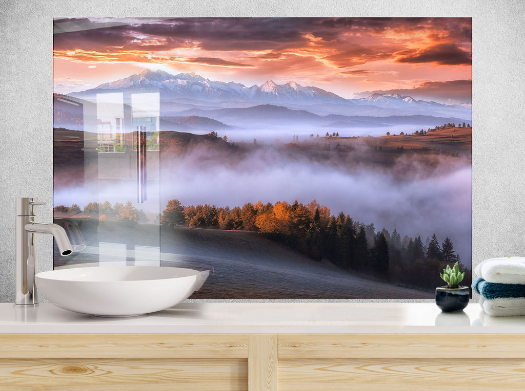 Mountain Mist Sunrise Wall Art - Tempered Glass Kitchen Backsplash-BacksplashArtworks