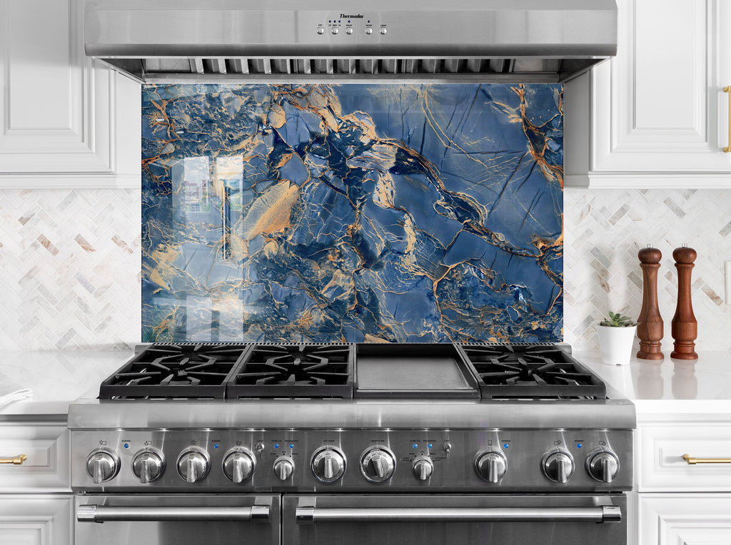 Blue Sapphire Elegance - Glass Kitchen Backsplash-BacksplashArtworks