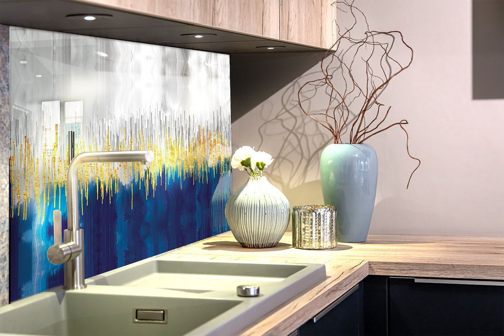 Blue & Gold Wave - Glass Kitchen Backsplash-BacksplashArtworks