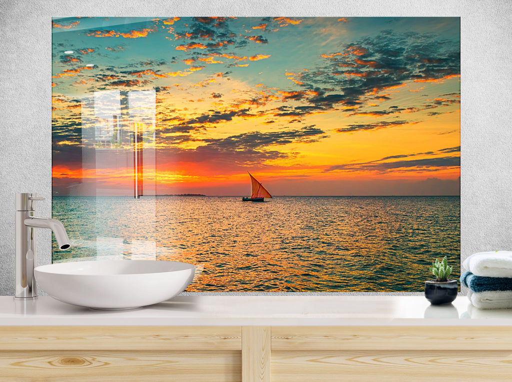 Golden Sunset Ocean – Glass Kitchen Backsplash-BacksplashArtworks
