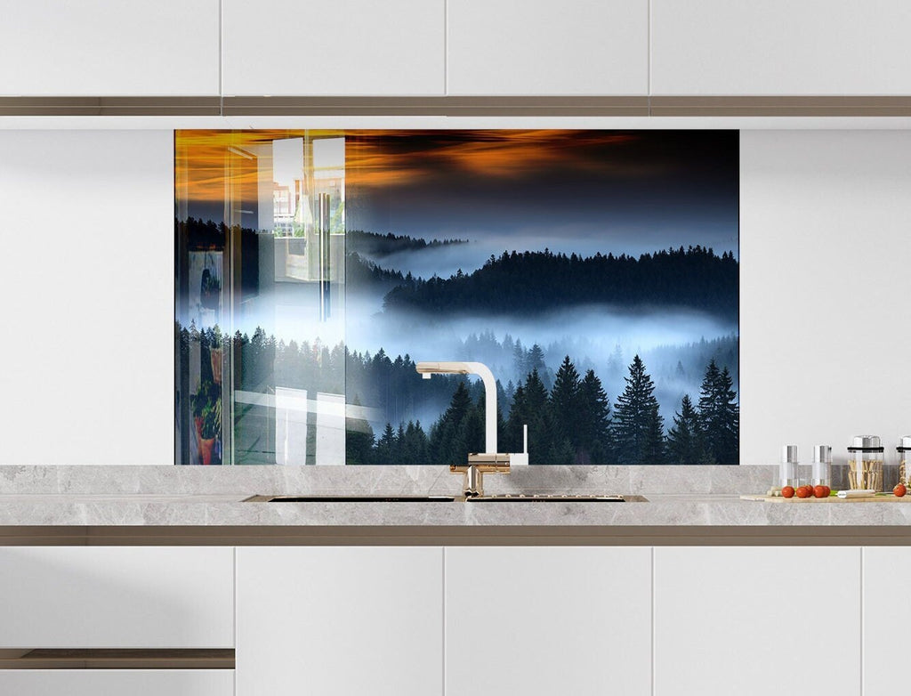 Misty Mountain Sunrise – Glass Kitchen Backsplash-BacksplashArtworks