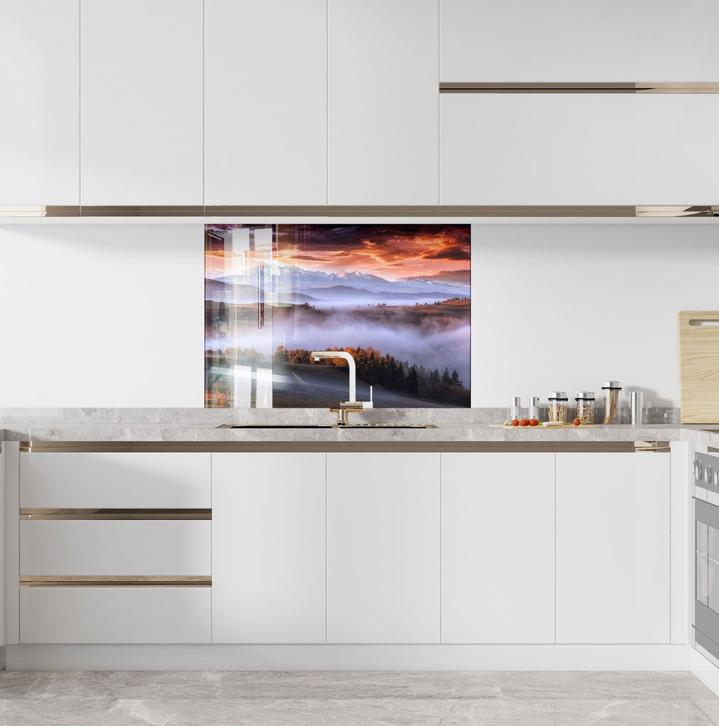 Mountain Mist Sunrise Wall Art - Tempered Glass Kitchen Backsplash-BacksplashArtworks
