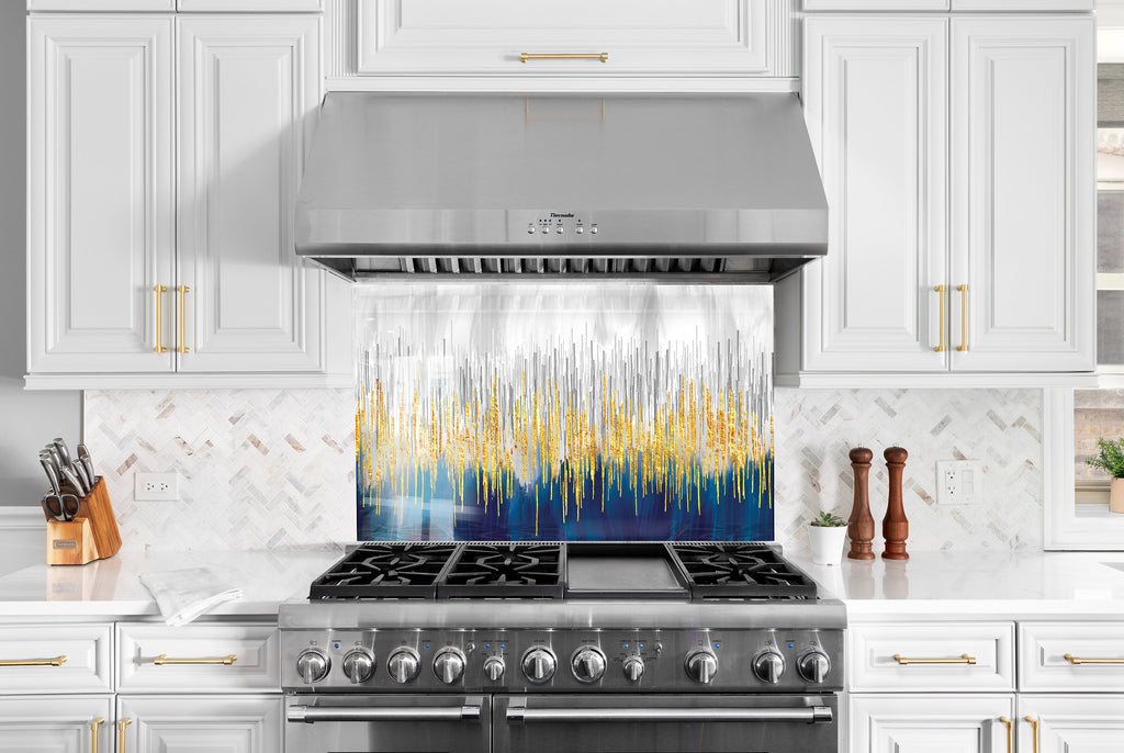Blue & Gold Wave - Glass Kitchen Backsplash-BacksplashArtworks