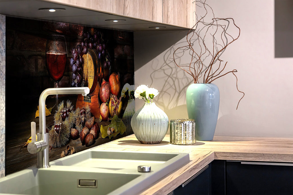 Rustic Vineyard Glass Kitchen Backsplash – Grapes & Pomegranates-BacksplashArtworks