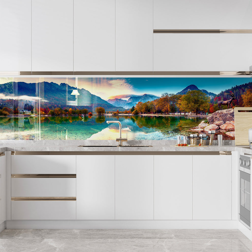 Majestic Mountain Lake – Glass Kitchen Backsplash-BacksplashArtworks