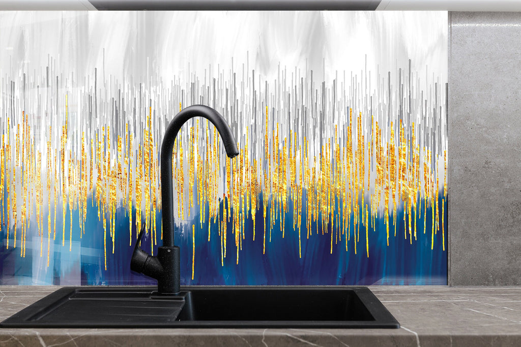 Blue & Gold Wave - Glass Kitchen Backsplash-BacksplashArtworks