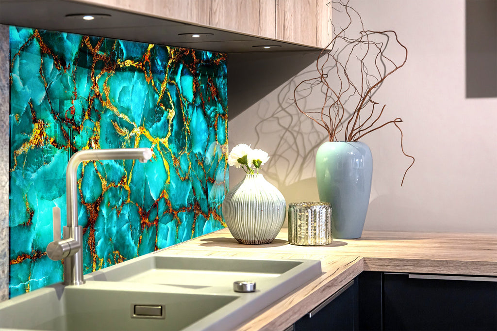 Teal & Gold Marble Elegance - Glass Kitchen Backsplash-BacksplashArtworks