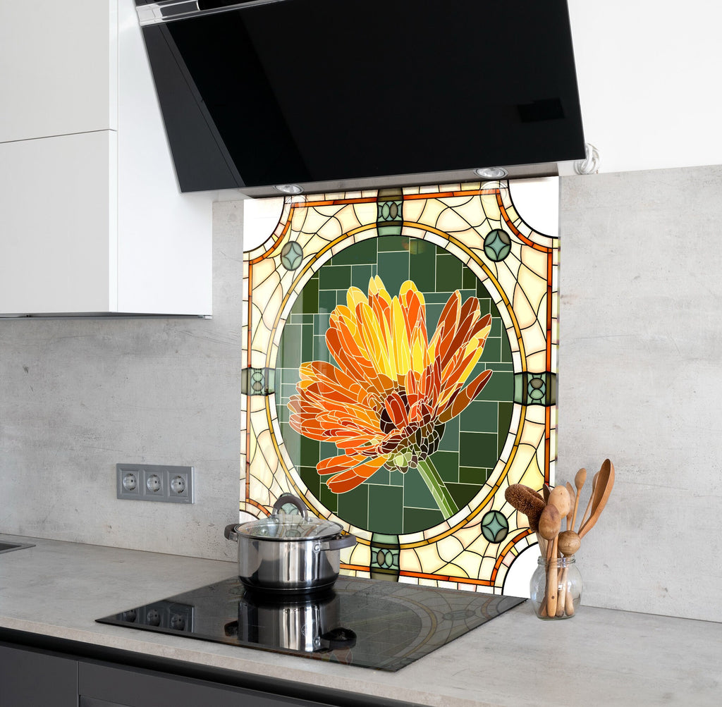 Orange Floral Stained - Glass Kitchen Backsplash-BacksplashArtworks
