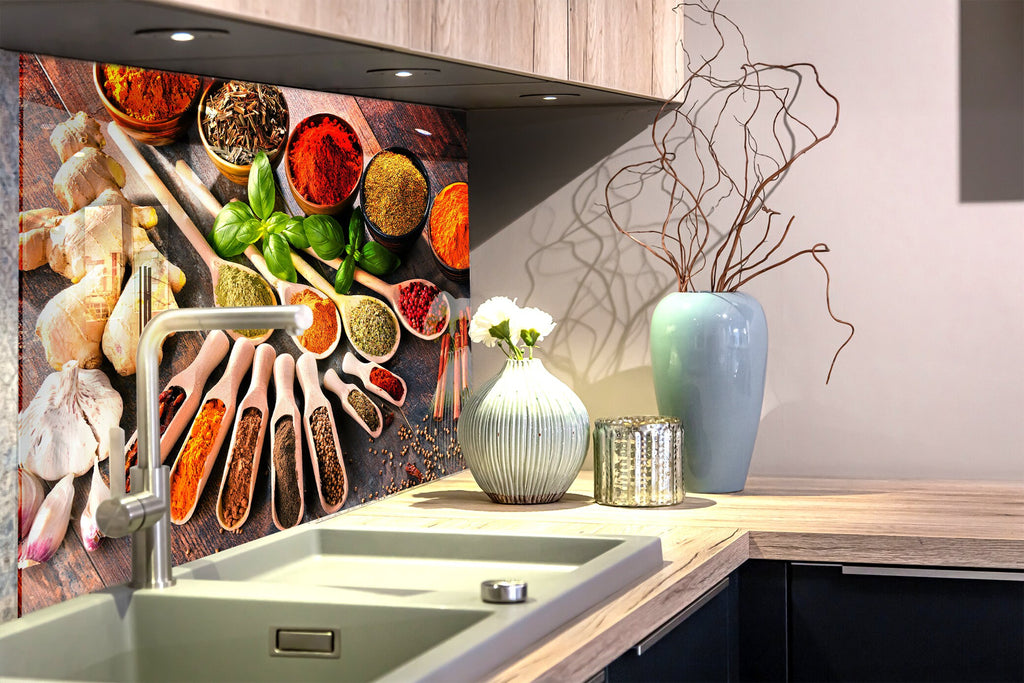 Rustic Spice Elegance - Glass Kitchen Backsplash-BacksplashArtworks