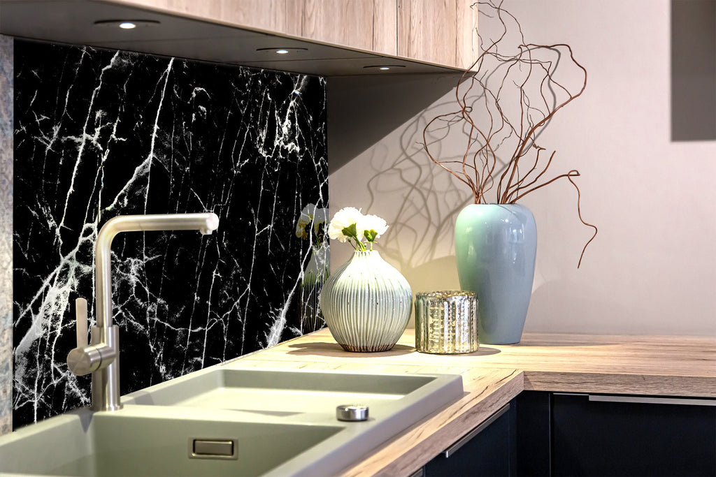 Elegant Black Marble with White Veins - Glass Kitchen Backsplash-BacksplashArtworks