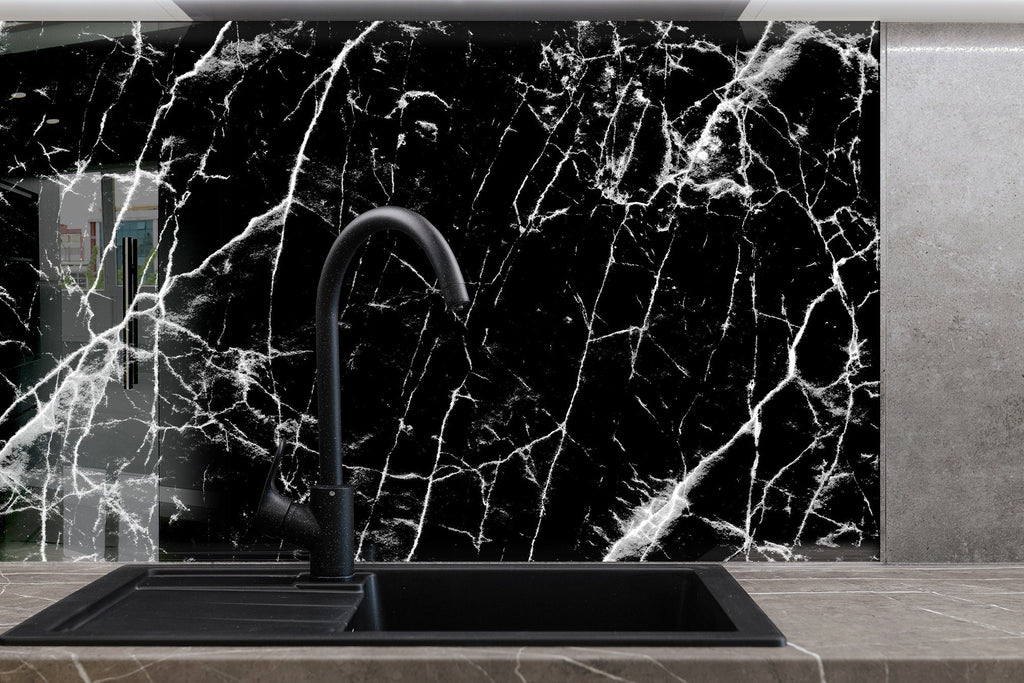 Elegant Black Marble with White Veins - Glass Kitchen Backsplash-BacksplashArtworks