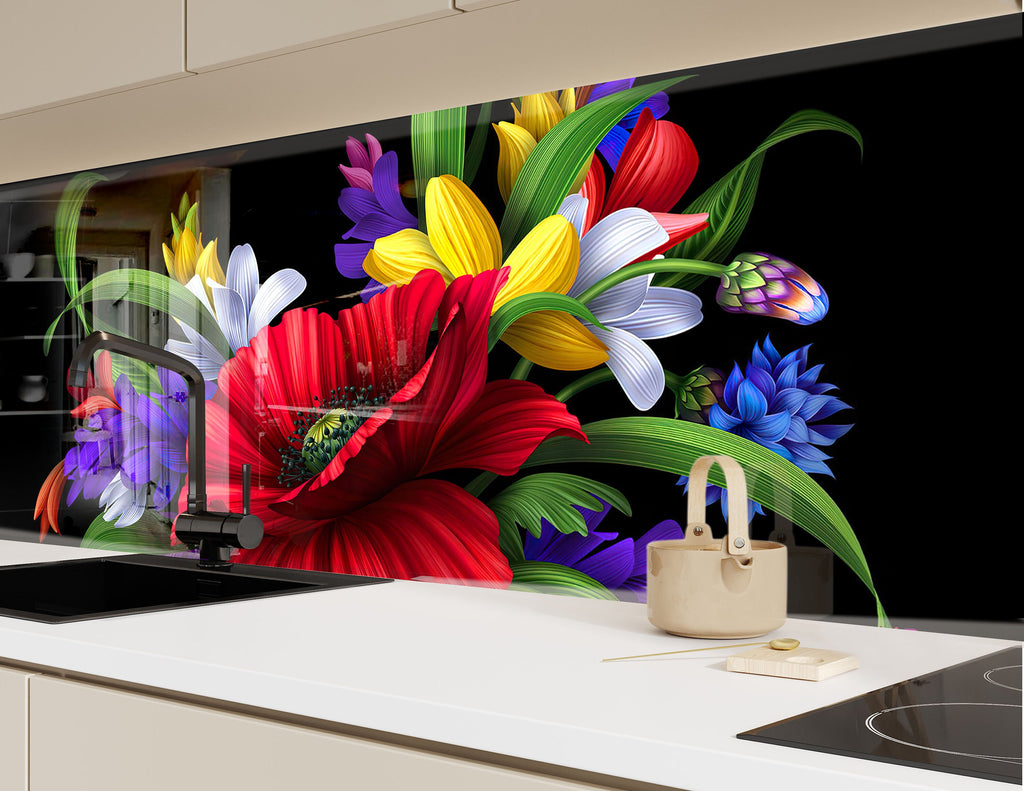 Botanical Floral Tempered Glass Backsplash-BacksplashArtworks