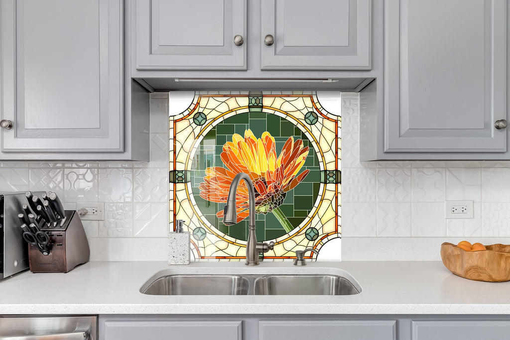 Orange Floral Stained - Glass Kitchen Backsplash-BacksplashArtworks