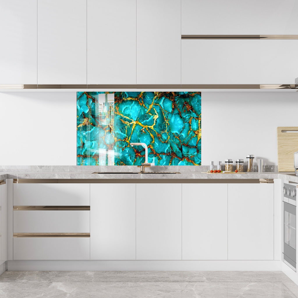 Teal & Gold Marble Elegance - Glass Kitchen Backsplash-BacksplashArtworks