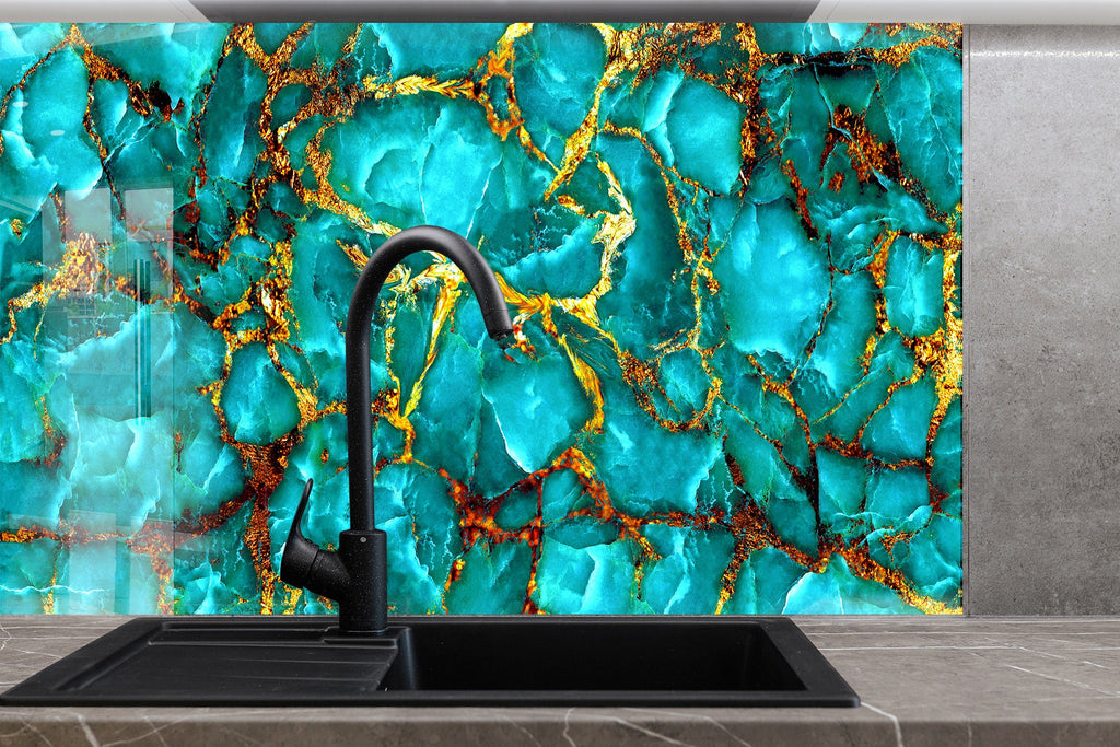 Teal & Gold Marble Elegance - Glass Kitchen Backsplash-BacksplashArtworks