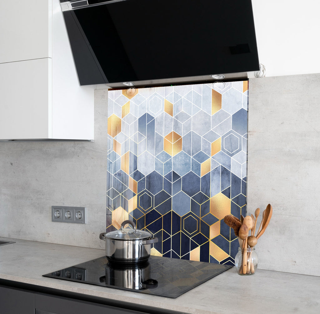Blue Modern Geometric - Glass Kitchen Backsplash-BacksplashArtworks