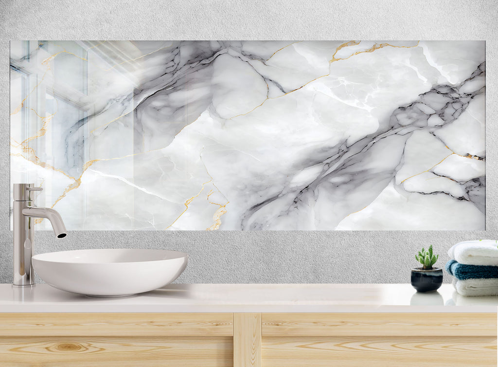 Luxury White Veined Stone - Glass Kitchen Backsplash-BacksplashArtworks