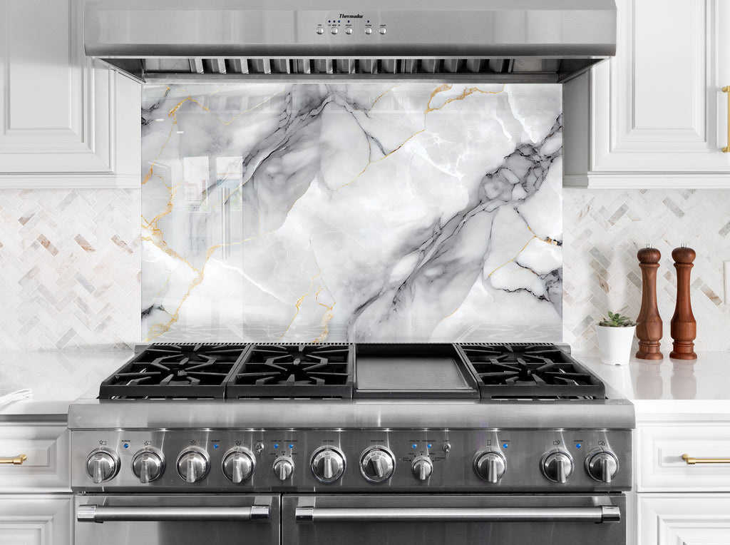 Luxury White Veined Stone - Glass Kitchen Backsplash-BacksplashArtworks