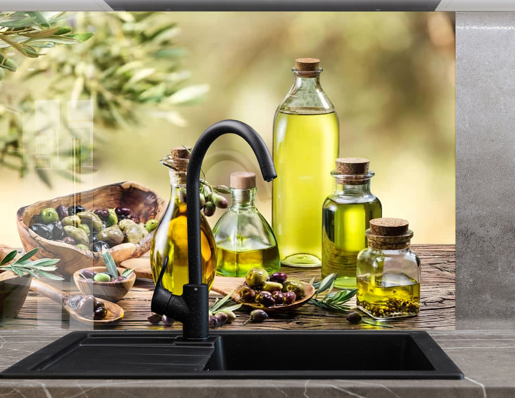 Olive Oil Glass Kitchen Backsplash – Rustic Olive Oil Bottles Design-BacksplashArtworks