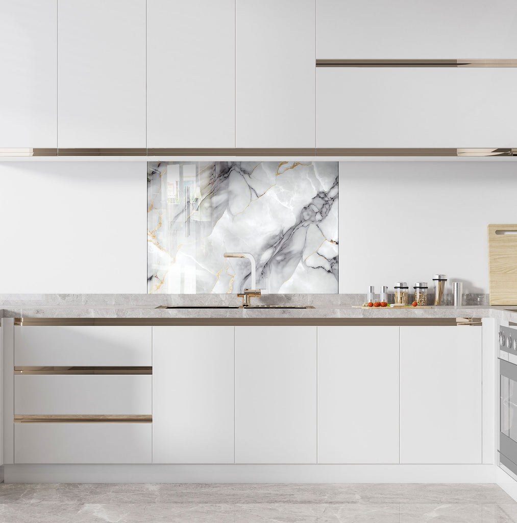 Luxury White Veined Stone - Glass Kitchen Backsplash-BacksplashArtworks