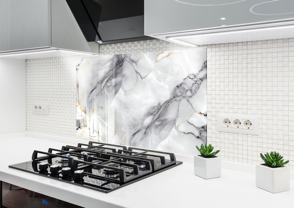 Luxury White Veined Stone - Glass Kitchen Backsplash-BacksplashArtworks