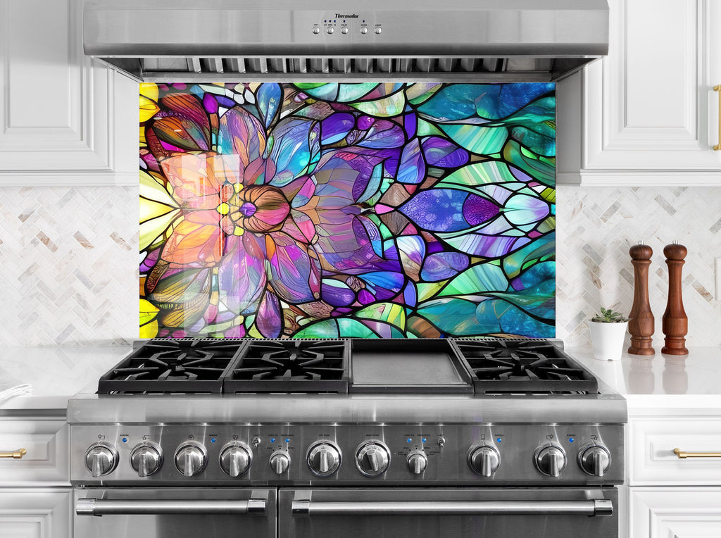 Multicolor Botanical Design - Glass Kitchen Backsplash-BacksplashArtworks