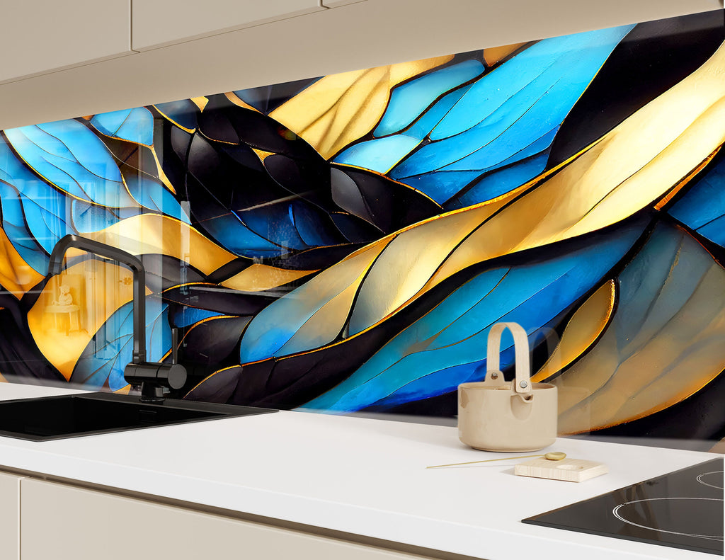 Elegant Blue & Gold Stained - Glass Kitchen Backsplash-BacksplashArtworks