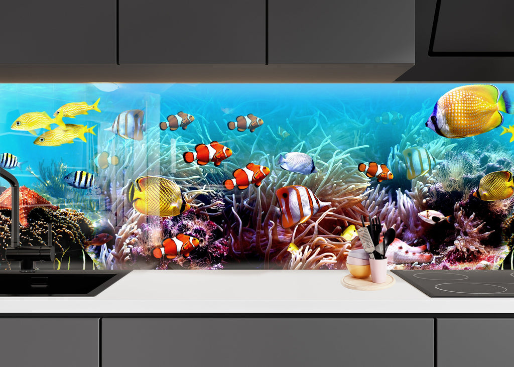 Vibrant Coral Reef Aquarium Glass Kitchen Backsplash – Fish Design-BacksplashArtworks