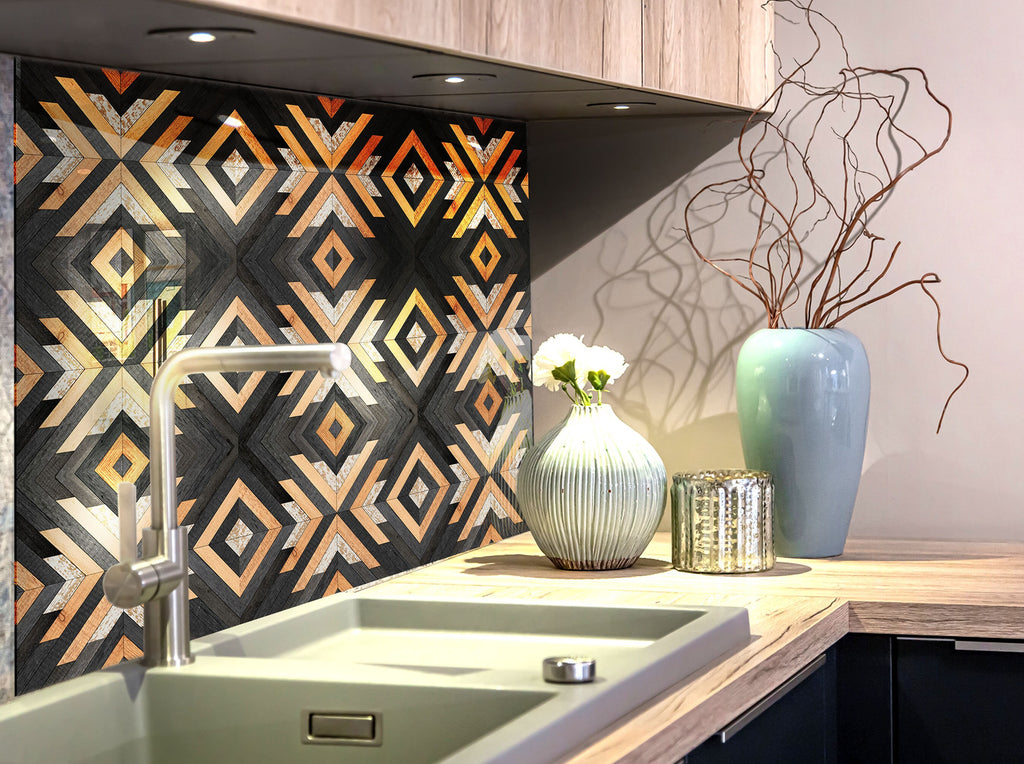 Modern Geometric Wood Design - Glass Kitchen Backsplash-BacksplashArtworks