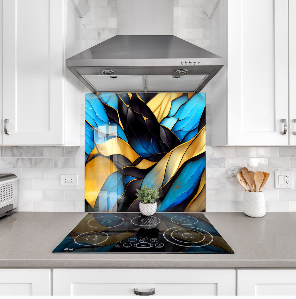 Elegant Blue & Gold Stained - Glass Kitchen Backsplash-BacksplashArtworks
