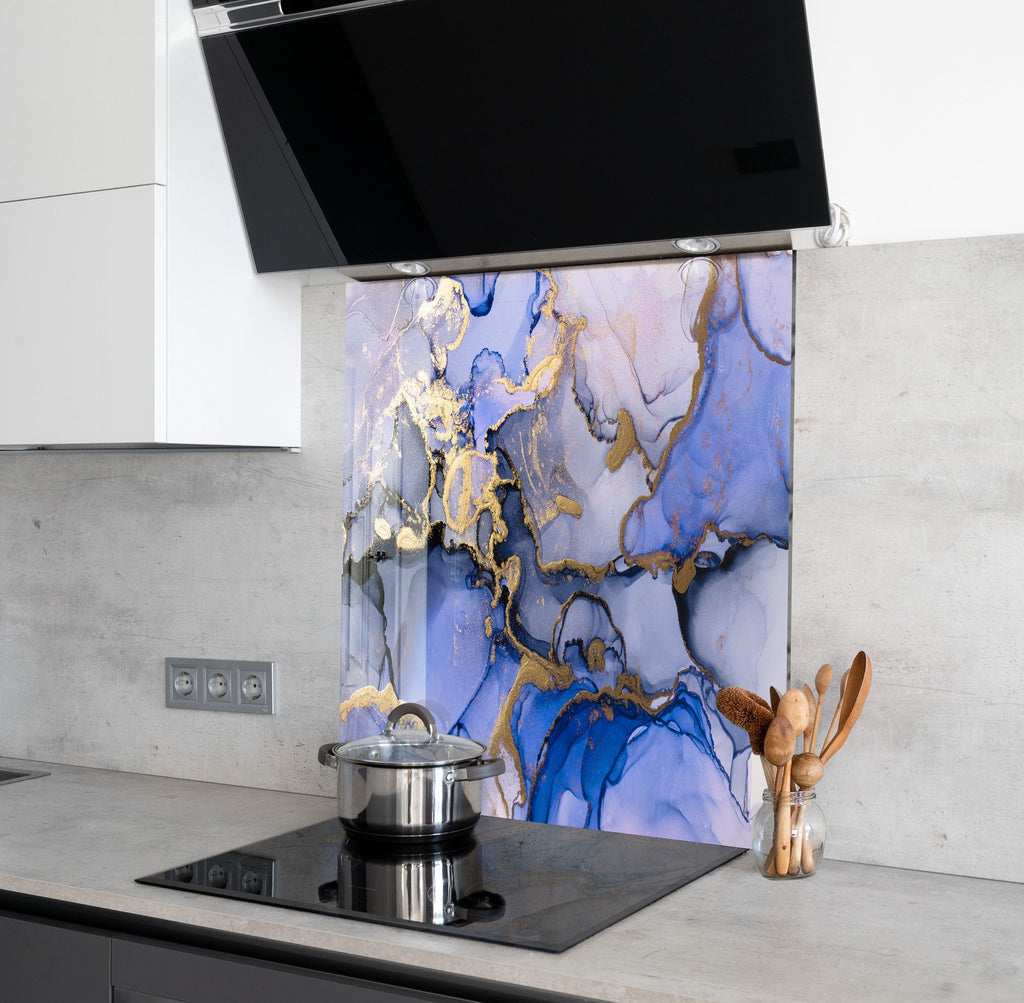 Golden Veins on Blue Marble - Glass Kitchen Backsplash-BacksplashArtworks