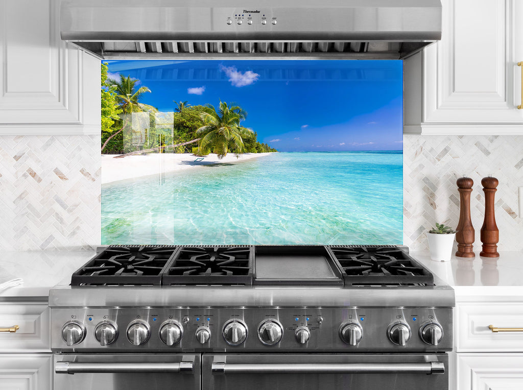 Tropical White Sand Beach Wall Art – Glass Backsplash-BacksplashArtworks