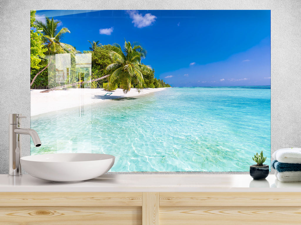 Tropical White Sand Beach Wall Art – Glass Backsplash-BacksplashArtworks