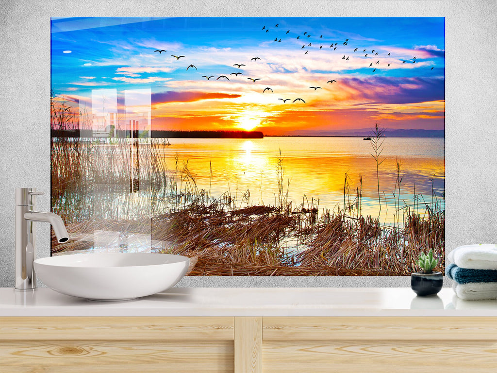 Golden Sunset Lake – Glass Kitchen Backsplash-BacksplashArtworks